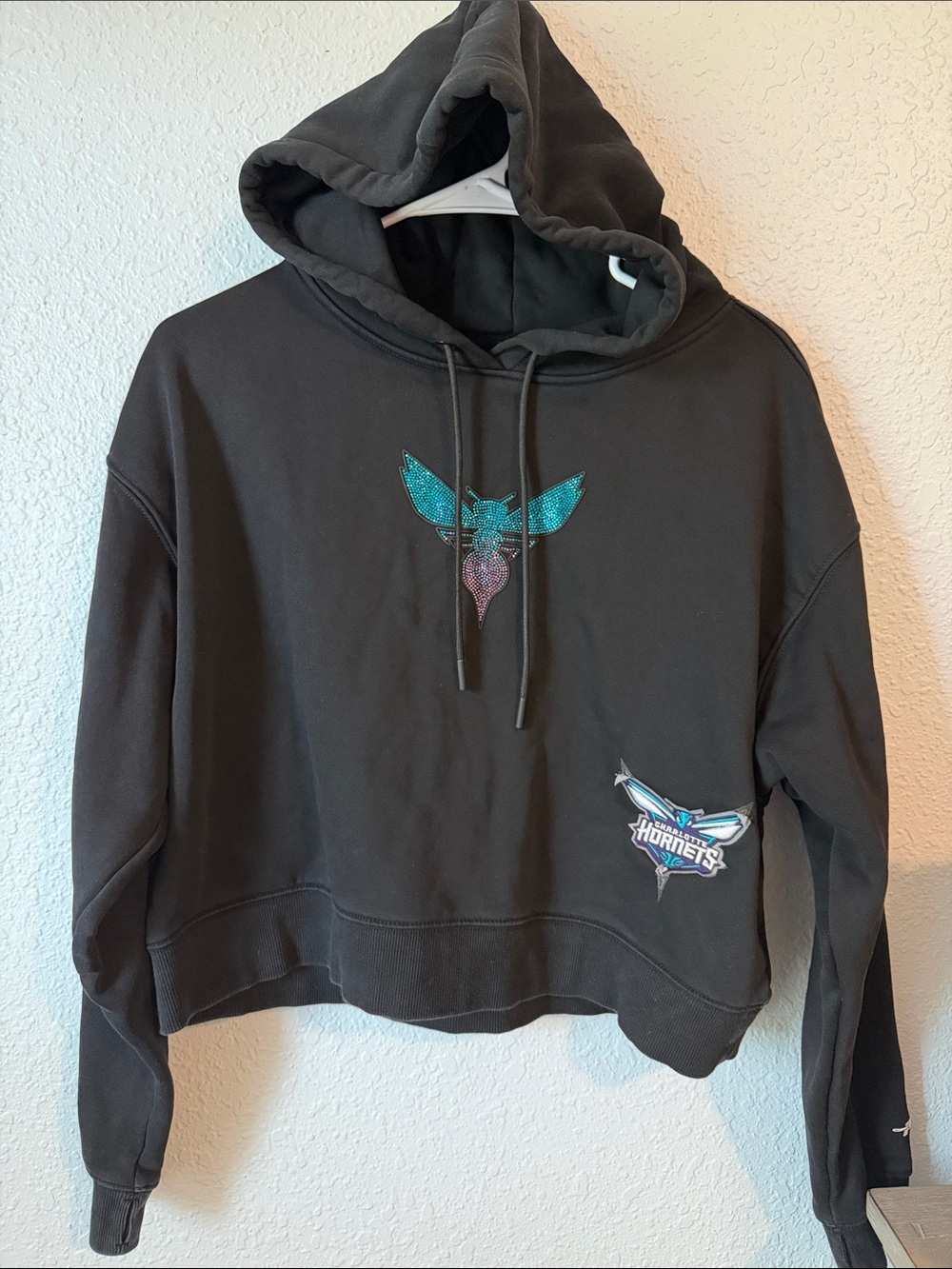 NBA HORNETS Black Pullover crop Hoodie with Teal and Purple bling Logo